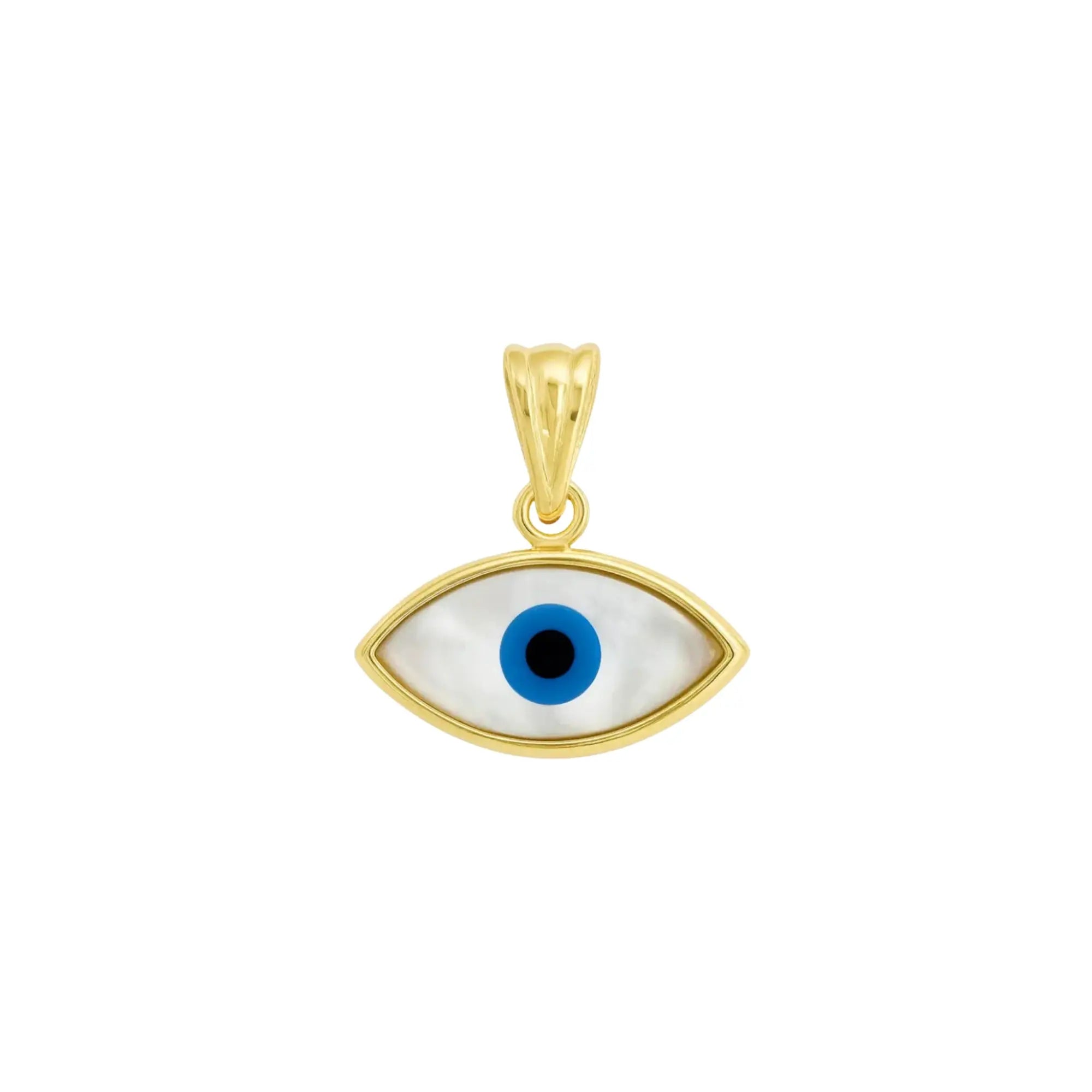 Greek evil eye pendant with mother-of-pearl and blue enamel in 14K yellow gold by JJ Jewelry