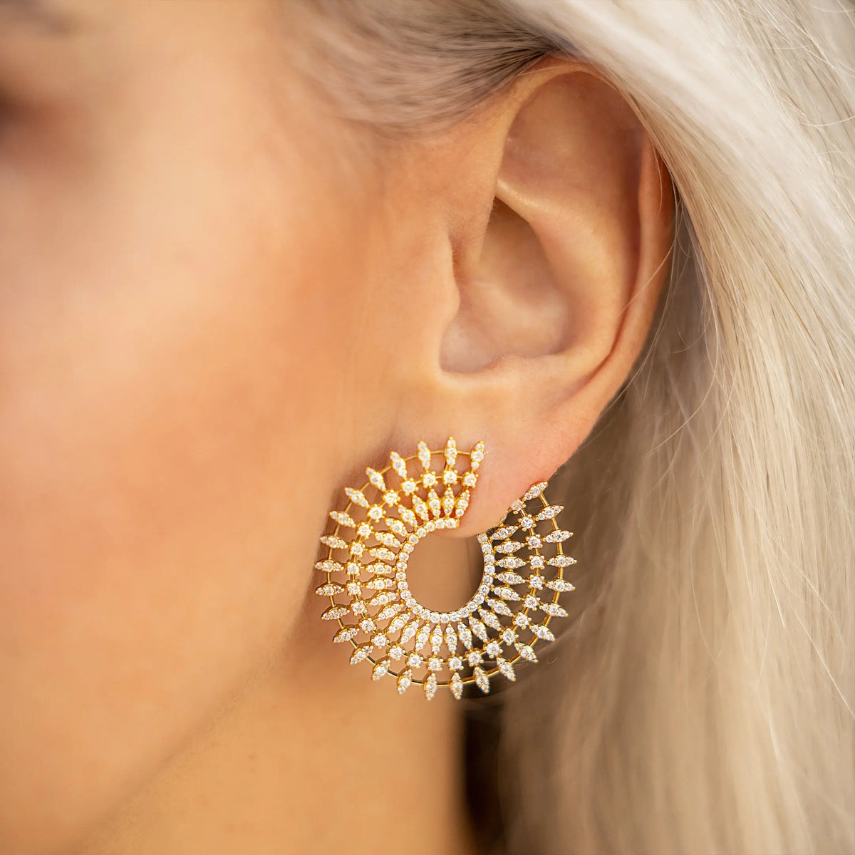 Sunbeam Garland Diamond Earrings in 18K Yellow Gold, on ear | JJ Jewelry Miami