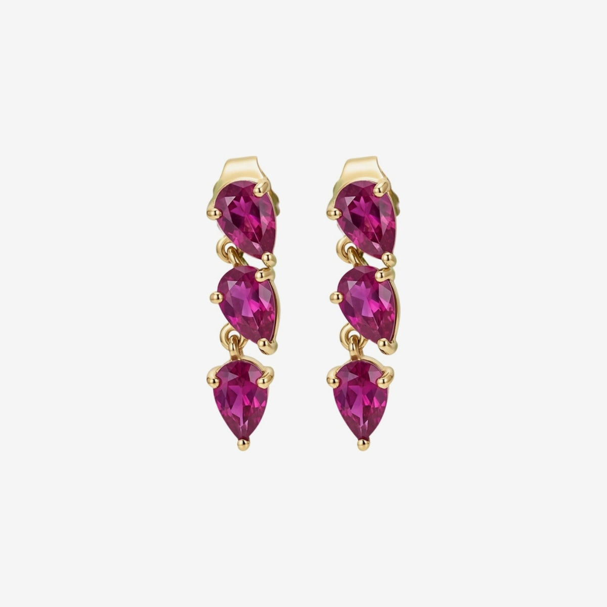 Three Pear Gemstone Dancing Earrings in 14K Yellow Gold with Ruby, gray background | JJ Jewelry Miami