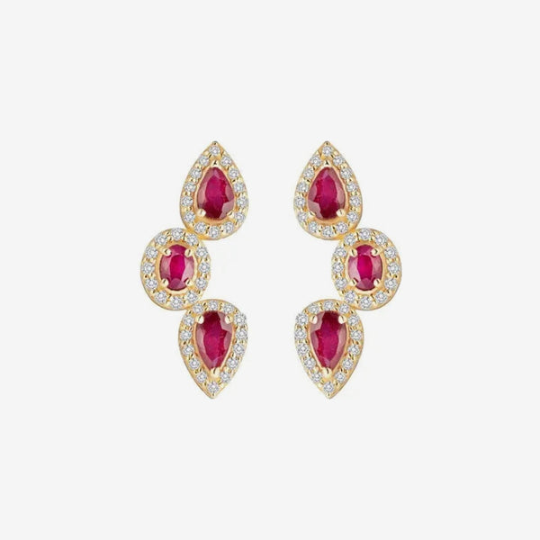 Three Pear Gemstone and Diamond Drop Earrings in 14K Yellow Gold with Ruby, gray background | JJ Jewelry Miami