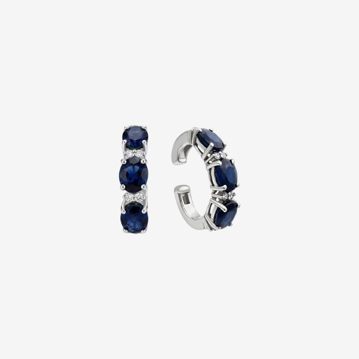Three-Stone Gemstone and Diamond Ear Cuff in 18K White Gold with Blue Sapphire, gray background | JJ Jewelry Miami