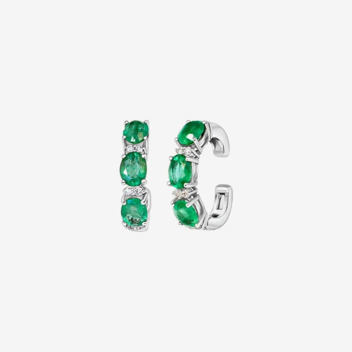 Three-Stone Gemstone and Diamond Ear Cuff in 18K White Gold with Emerald, gray background | JJ Jewelry Miami