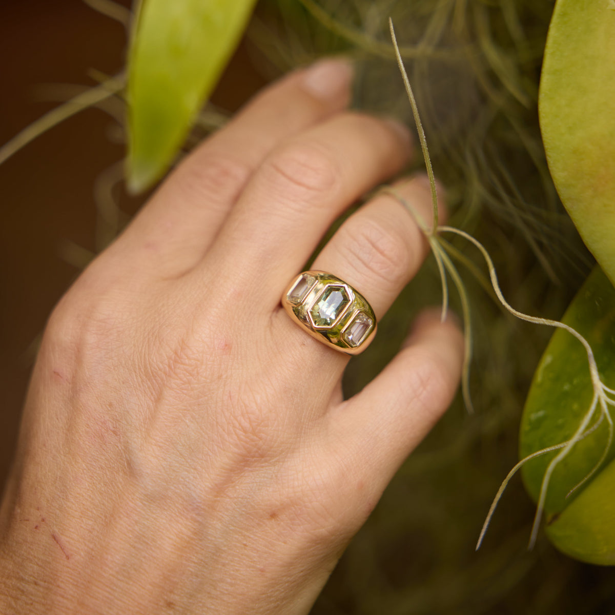 Three-Stone Green Sapphire Hexagon Bezel Ring in 18K Yellow Gold, view 6 | JJ Jewelry Miami
