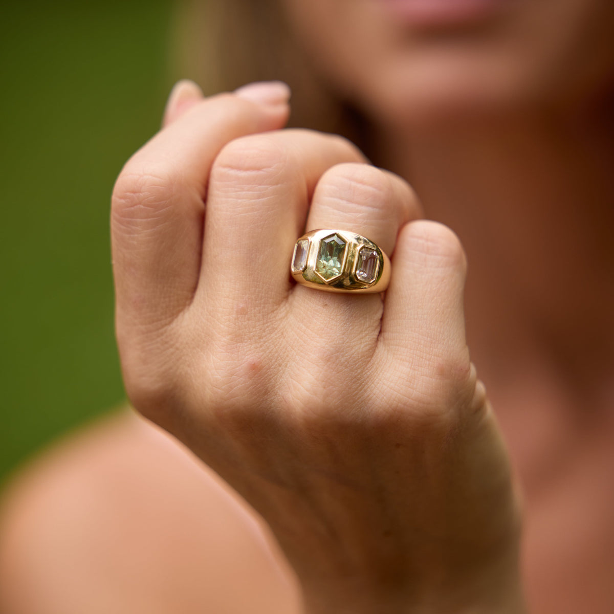 Three-Stone Green Sapphire Hexagon Bezel Ring in 18K Yellow Gold, view 5 | JJ Jewelry Miami