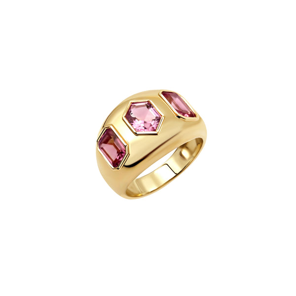 Three-Stone Pink Sapphire Wide Band Ring in 18K Yellow Gold | JJ Jewelry Miami
