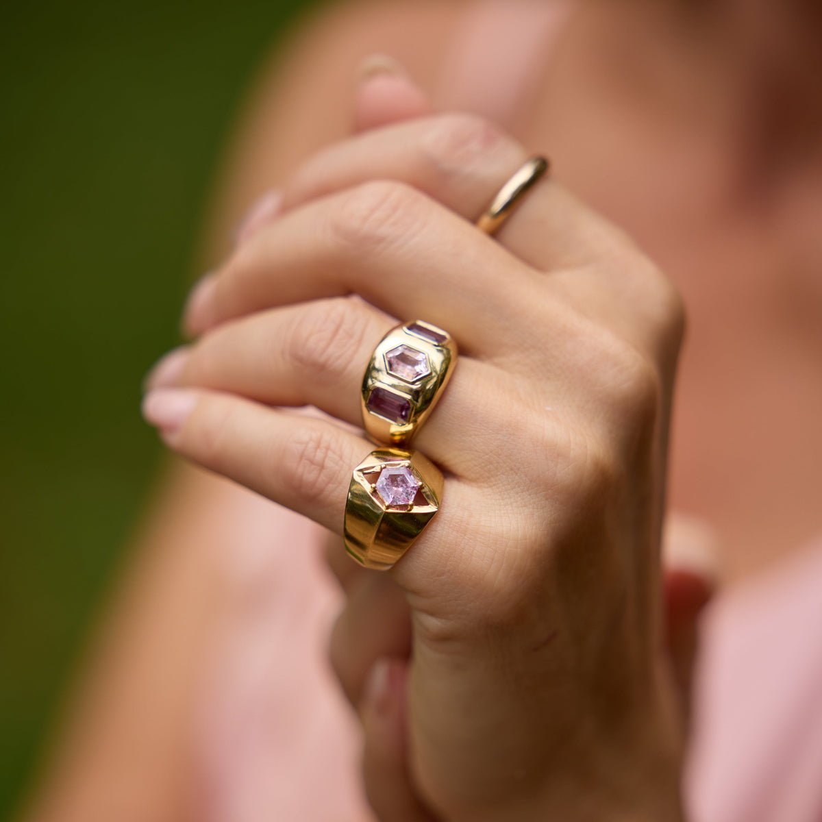 Three-Stone Pink Sapphire Wide Band Ring in 18K Yellow Gold | JJ Jewelry Miami