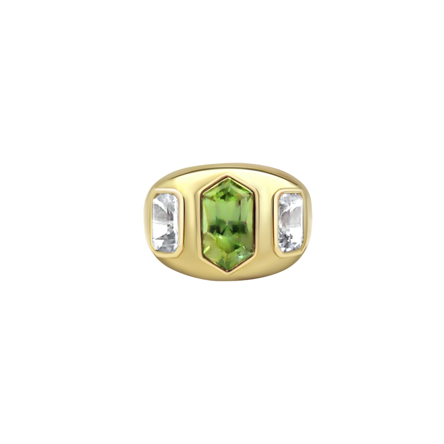 Three-Stone Green Sapphire Hexagon Bezel Ring in 18K Yellow Gold