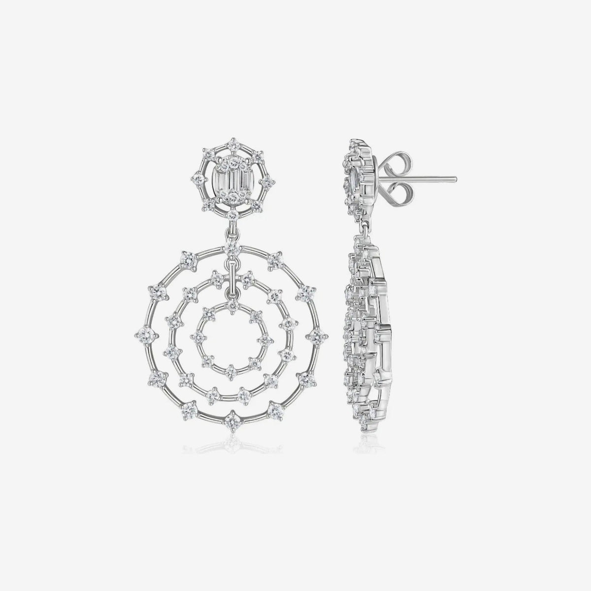 Triple Circle Diamond Earrings in 18K White Gold, gray background | JJ Jewelry Miami