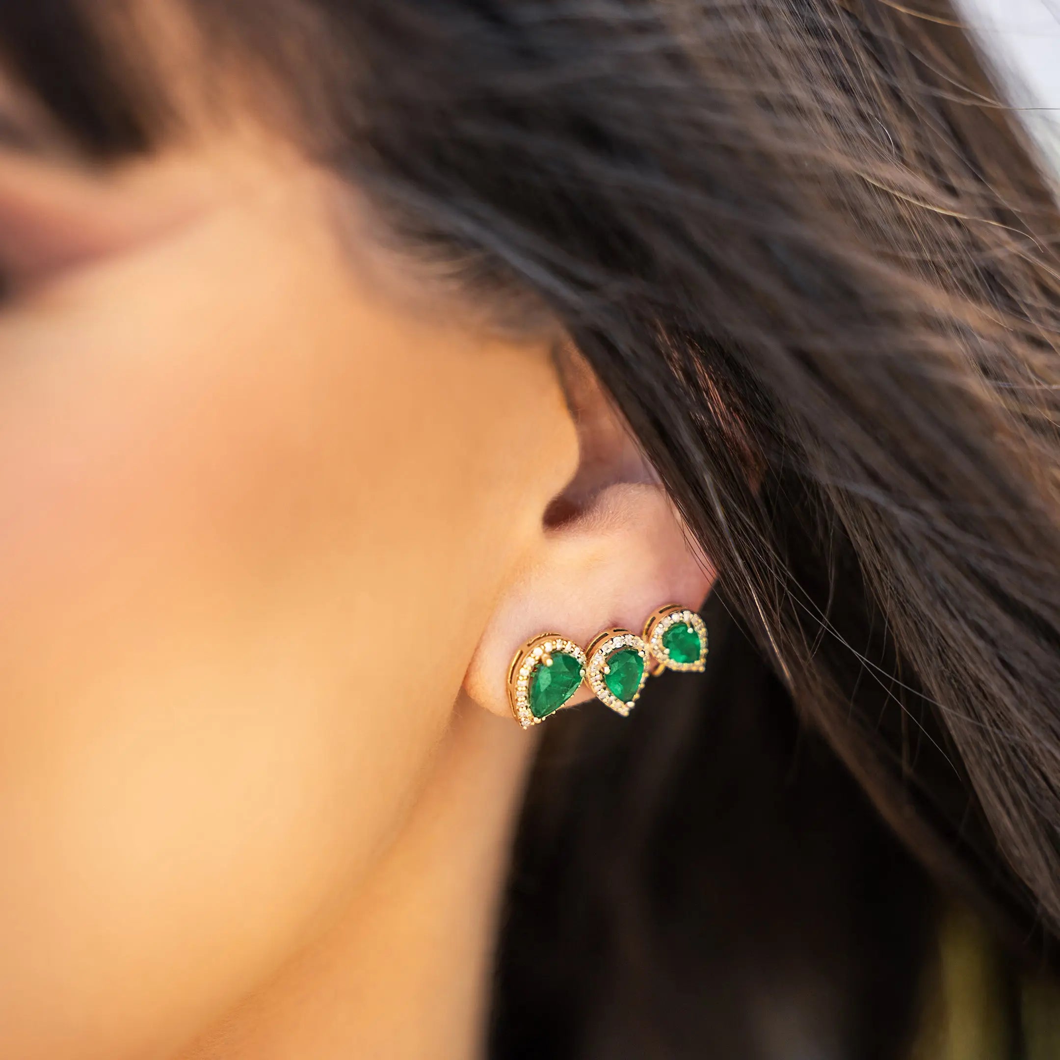 Triple Pear Emerald & Diamonds Earrings-Princess Jewelry Shop