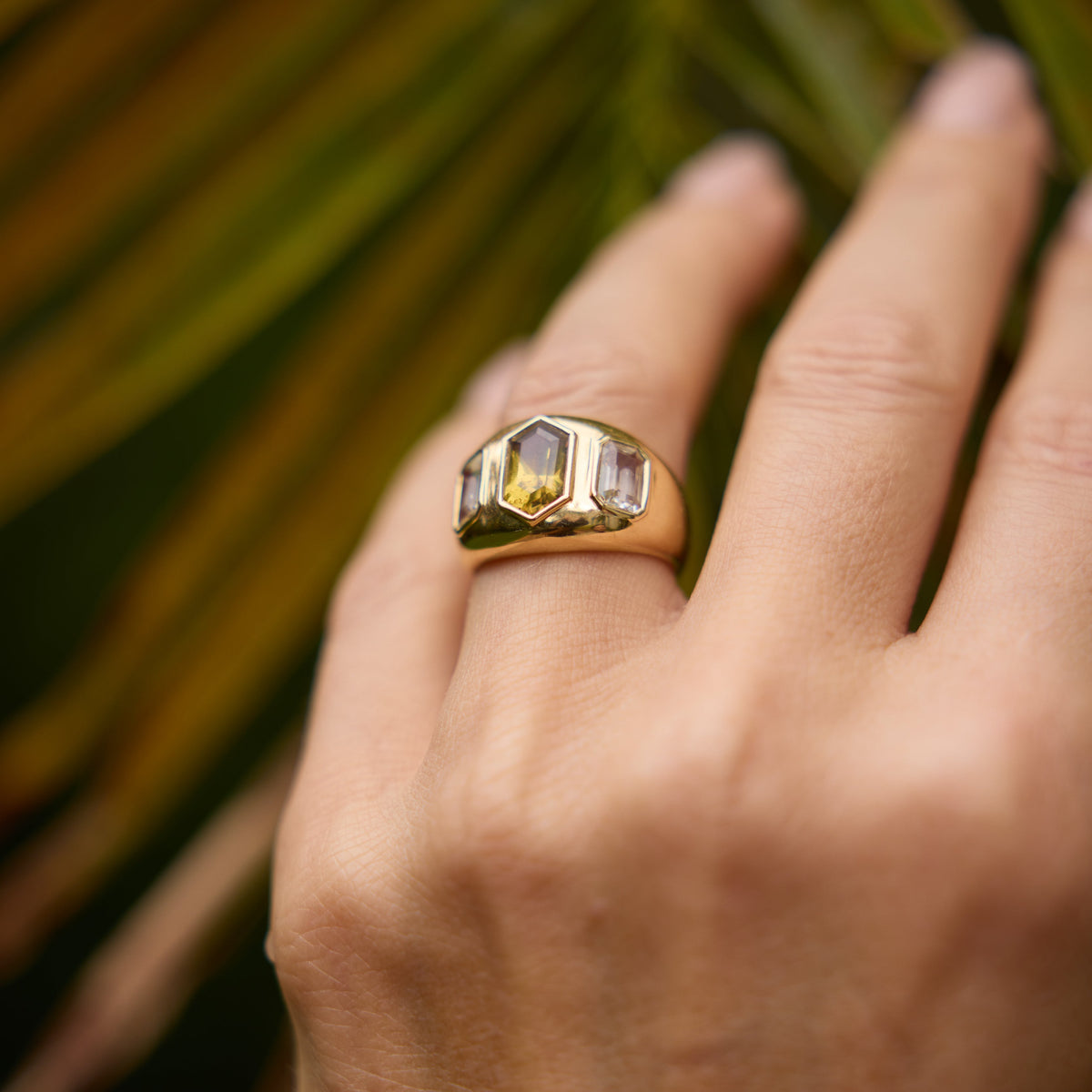 Triple Yellow Sapphire Geometric Cocktail Ring in 18K Yellow Gold, view 4 | JJ Jewelry Miami