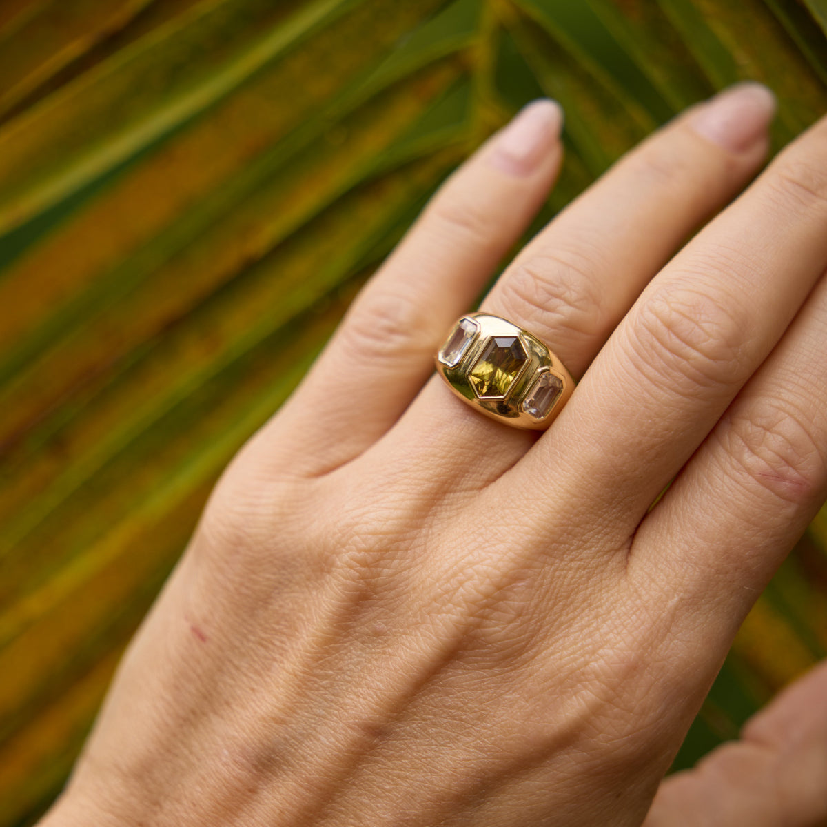 Triple Yellow Sapphire Geometric Cocktail Ring in 18K Yellow Gold, view 5 | JJ Jewelry Miami
