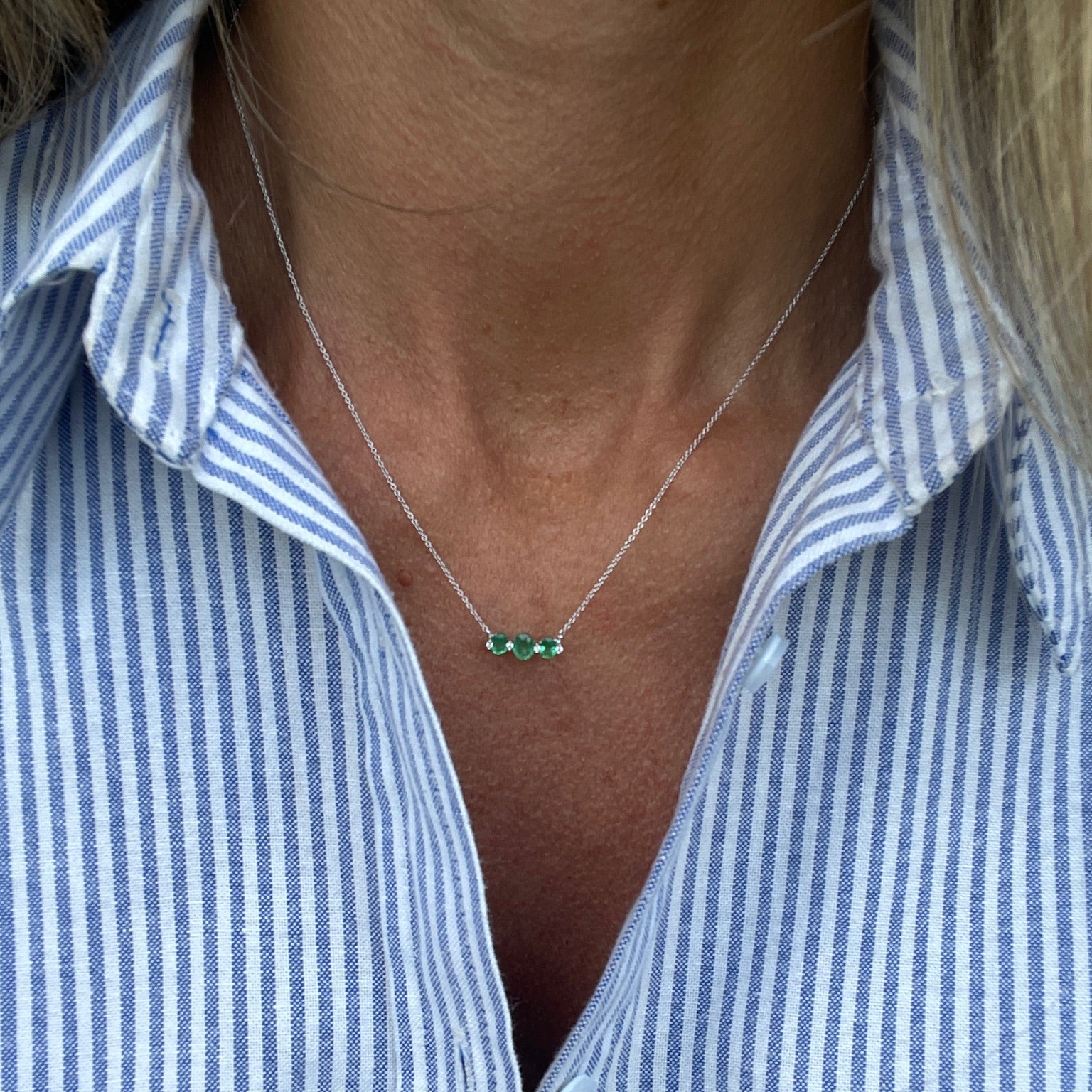 Triple Oval Emerald & Diamond Drop Necklace in 14K White Gold