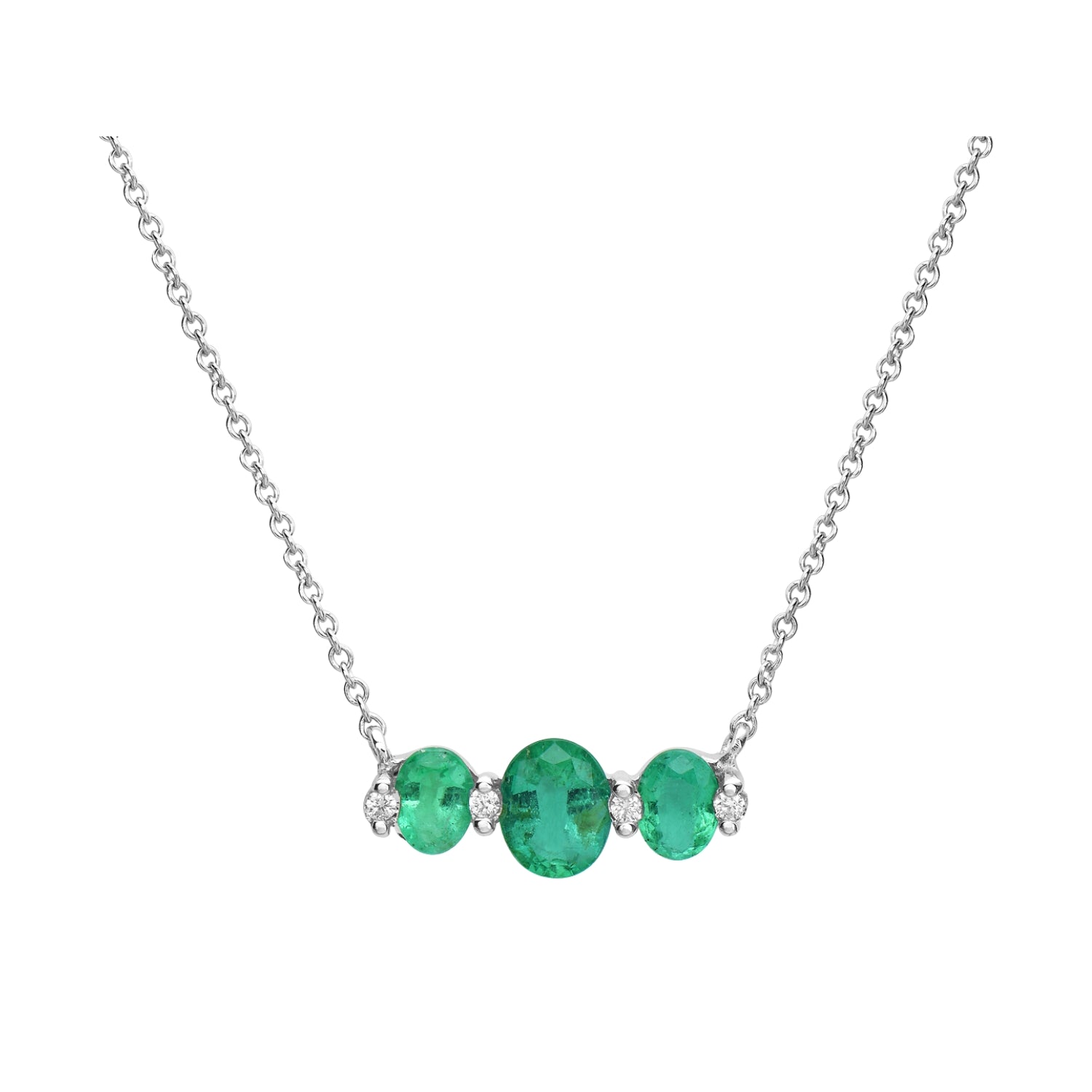 Triple Oval Emerald & Diamond Drop Necklace in 14K White Gold