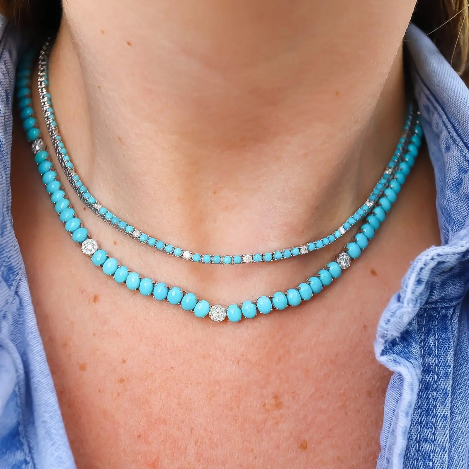 Turquoise and Diamonds Tennis Necklace-Princess Jewelry Shop