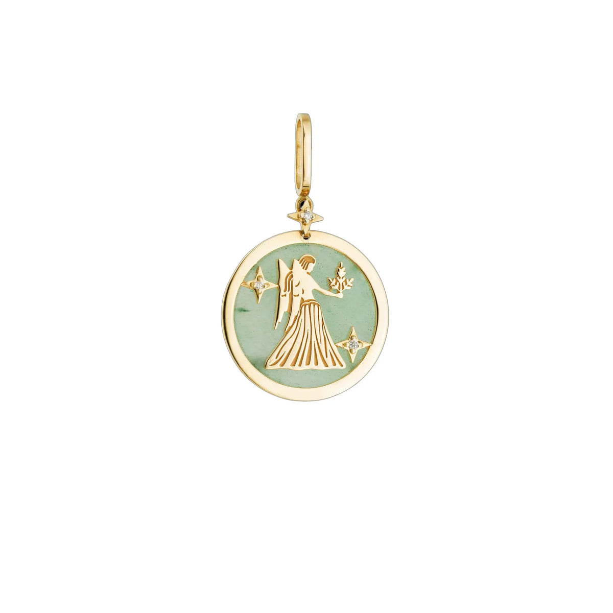 Virgo Zodiac Pendant with Green Quartz & Diamonds in 18K Yellow Gold | JJ Jewelry Miami