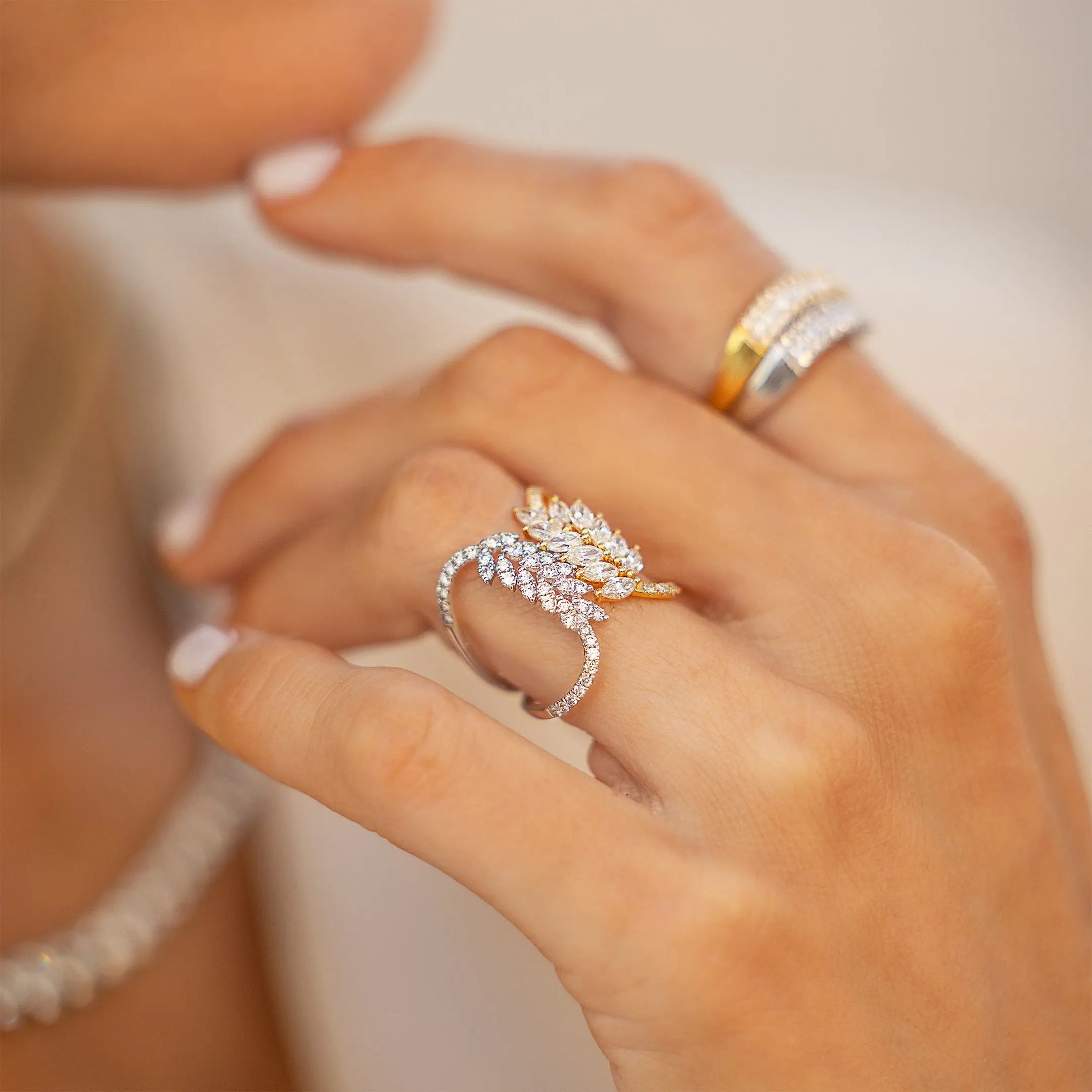 White and Yellow Gold Greek Leaves Diamond Ring-Princess Jewelry Shop