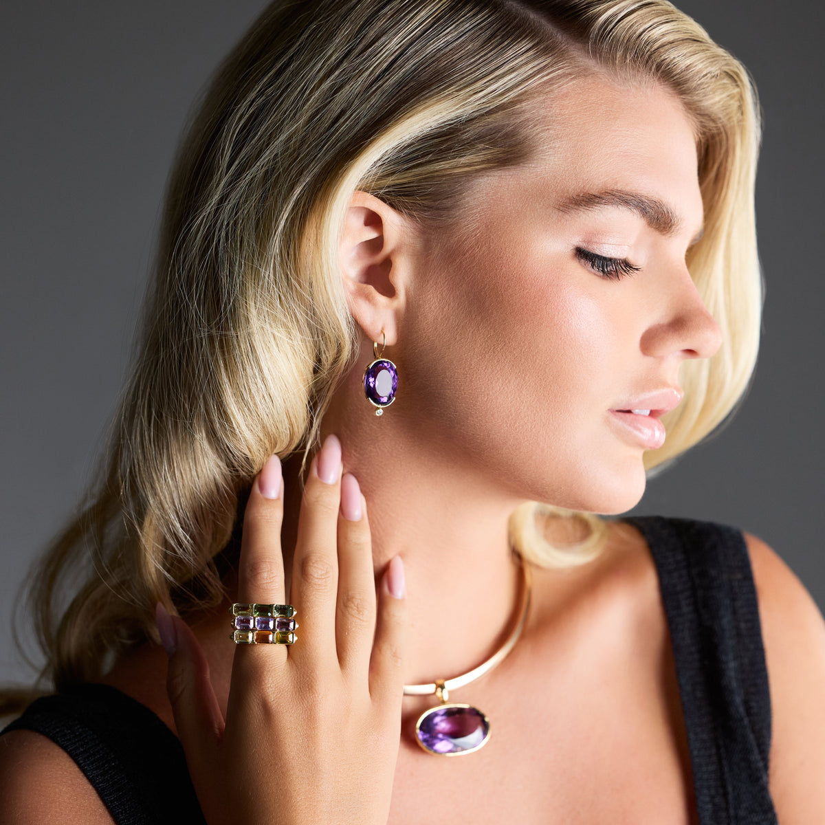 Oval Amethyst and Diamond Drop Earrings, on model | JJ Jewelry Miami