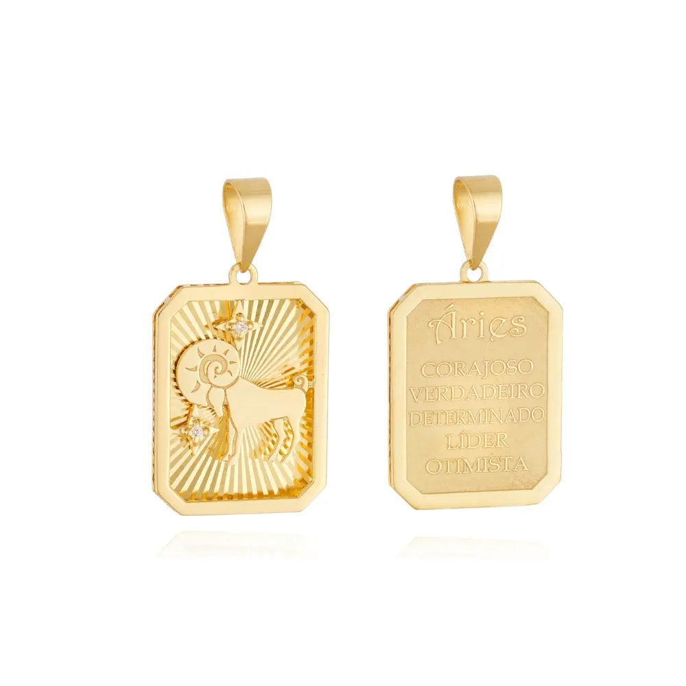 Aries zodiac engraved gold and diamond pendant in 18K yellow gold by JJ Jewelry