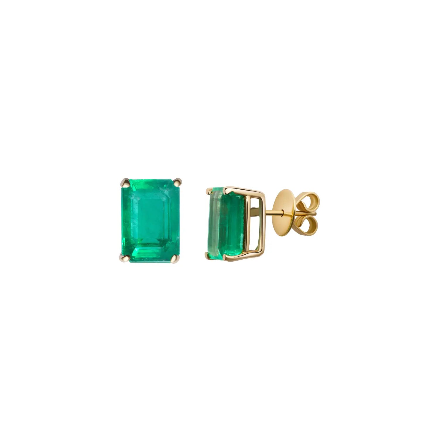 Baguette emerald stud earrings in 18K yellow gold by JJ Jewelry