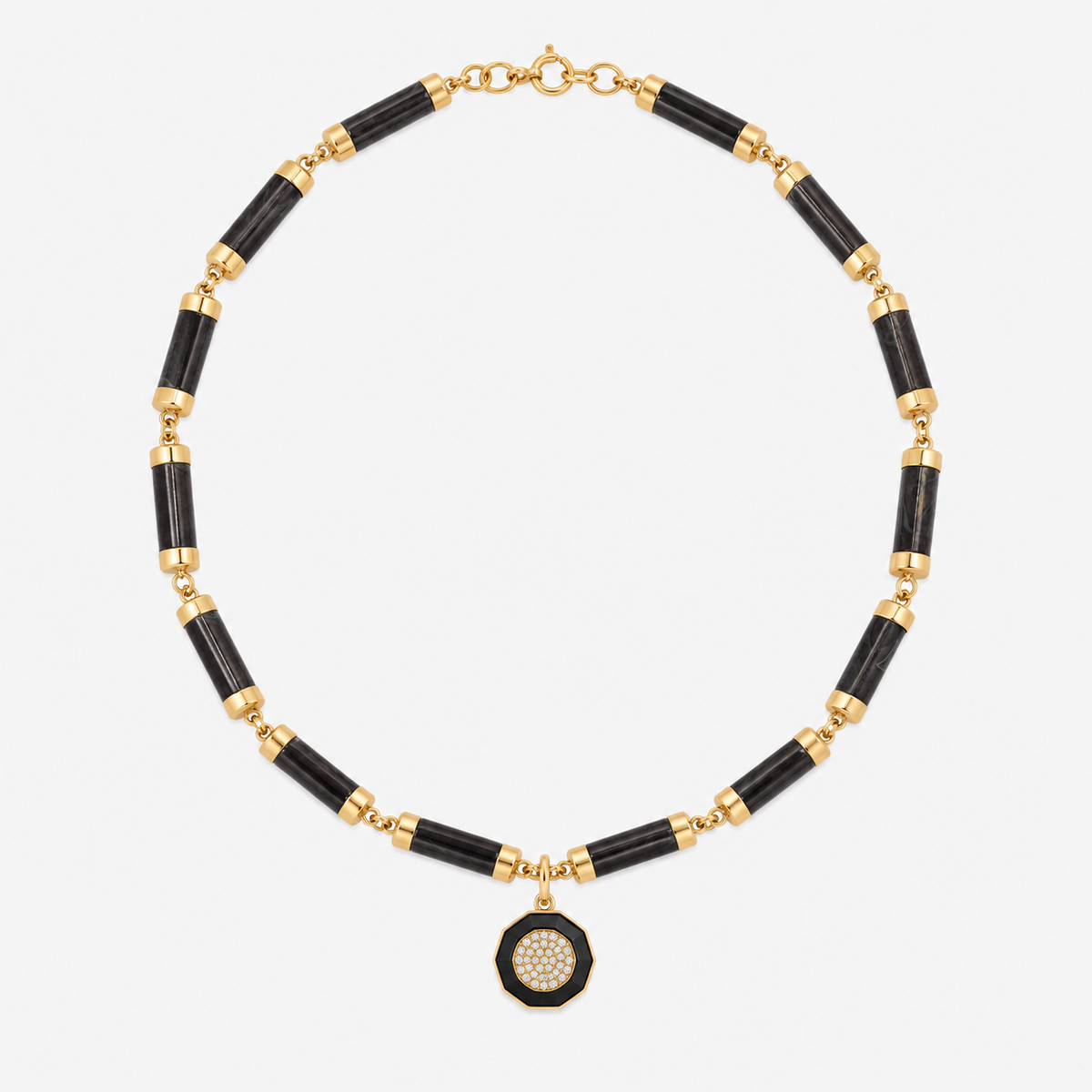 Black Enamel Octagon Pendant with Diamonds in 14K Yellow Gold, on an onyx and gold necklace | JJ Jewelry Miami