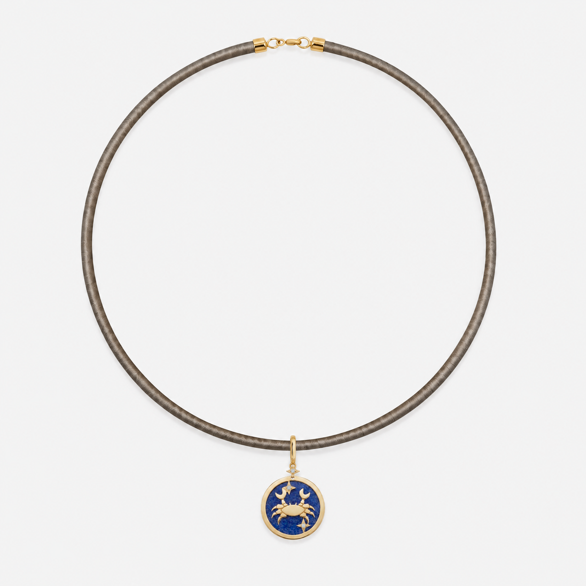 Cancer Zodiac Pendant in 18K Yellow Gold with Blue Quartz & Diamonds, styled on a taupe cord choker | JJ Jewelry Miami