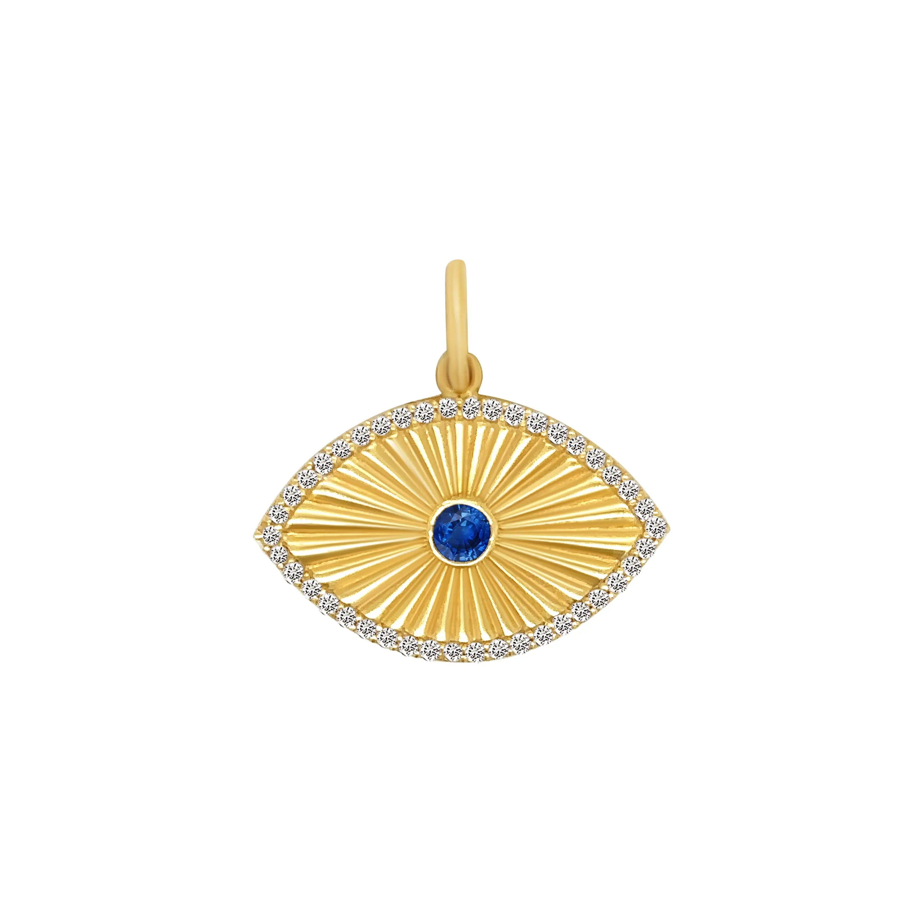 Diamond and Blue Sapphire Eye Pendant in 14K Yellow Gold by JJ Jewelry