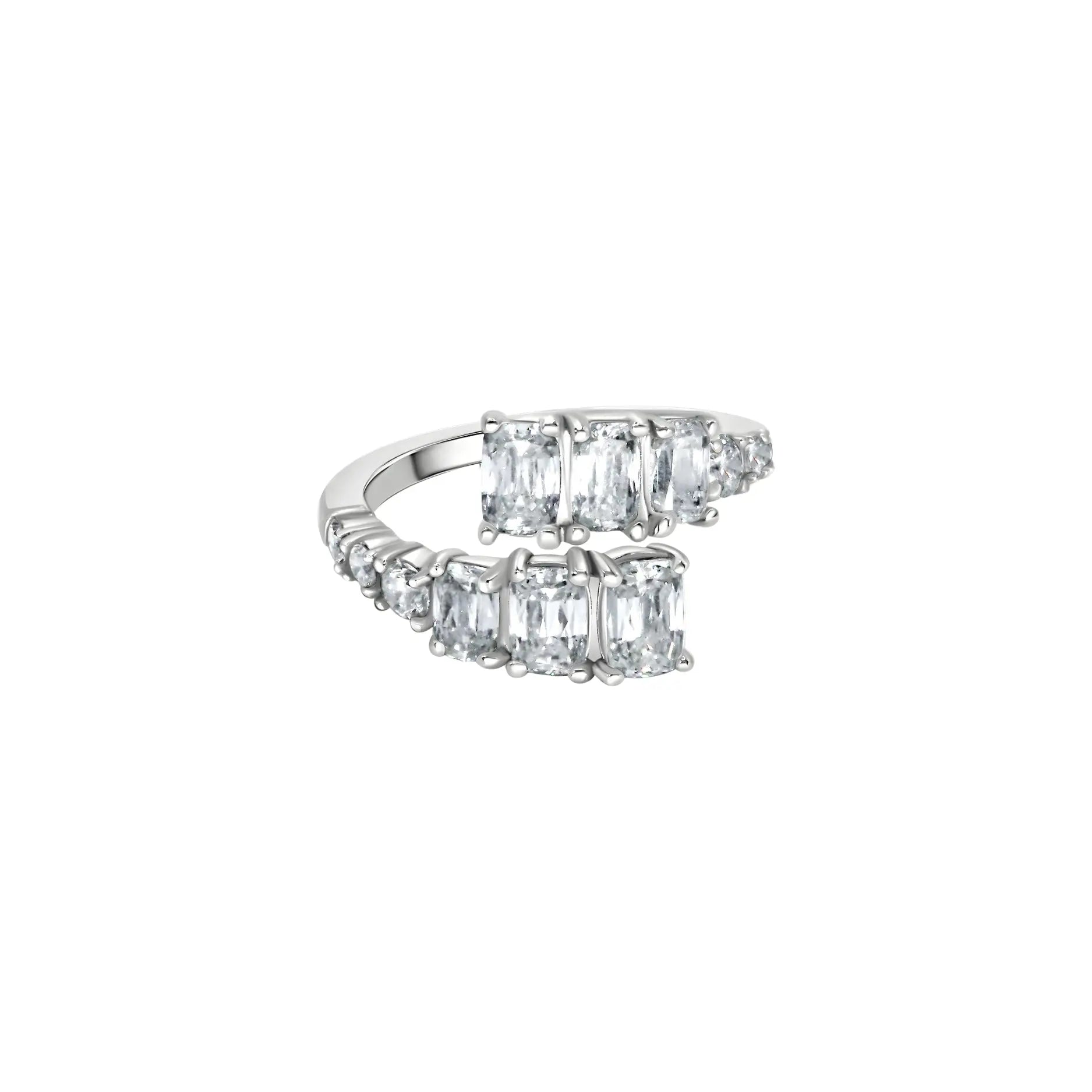 Diamond bypass ring with emerald-cut and round diamonds in 18K white gold