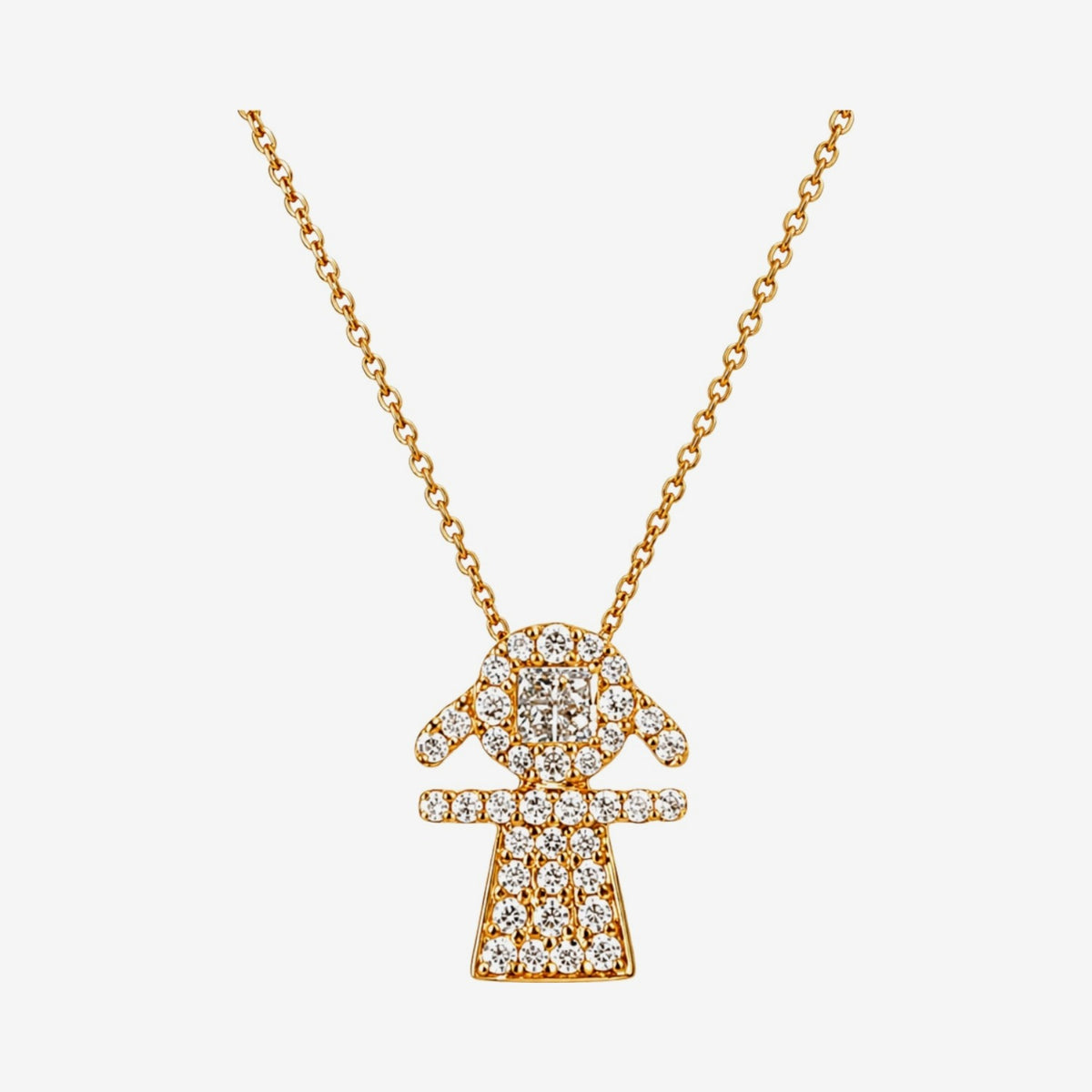 Diamond Pavé Girl Silhouette Pendant Necklace in 18K Yellow Gold, gray background | JJ Jewelry Miami