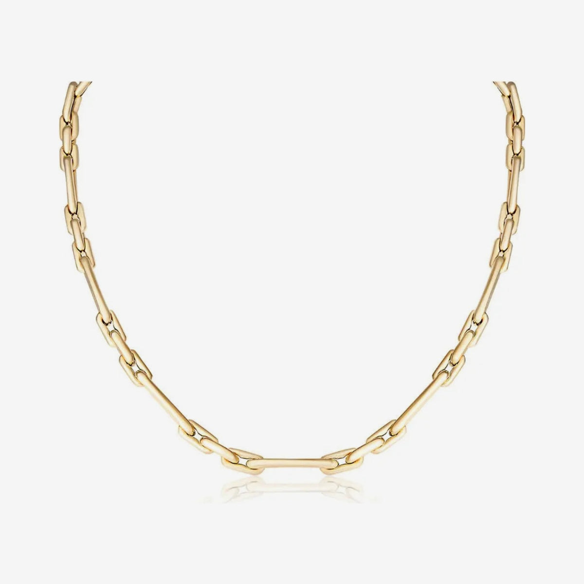 Elongated Link Chain Necklace in 14K Yellow Gold, gray background | JJ Jewelry Miami