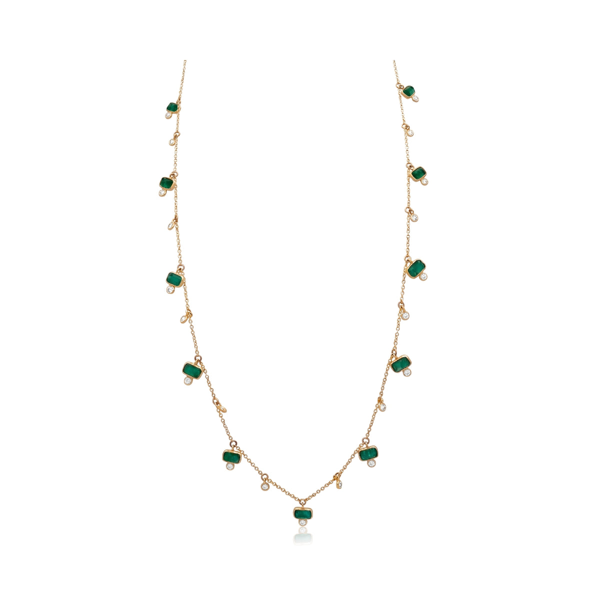 Emerald and Diamond Drop Station Necklace in 14K Yellow Gold | JJ Jewelry Miami