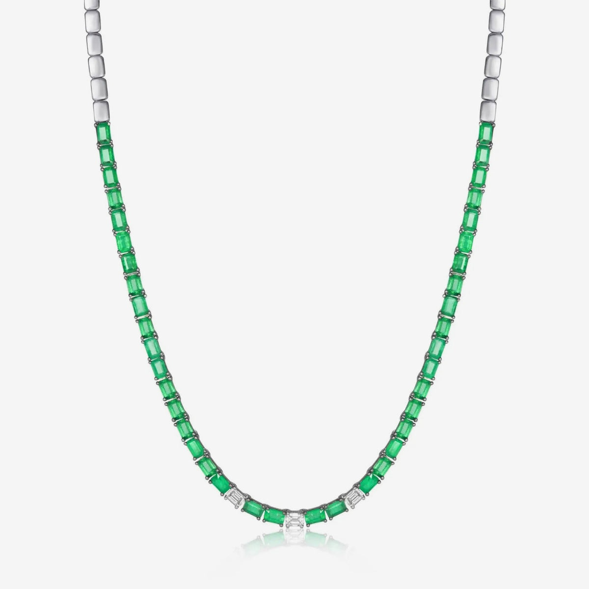 Emerald and Diamond Half Necklace in 18K White Gold, gray background | JJ Jewelry Miami