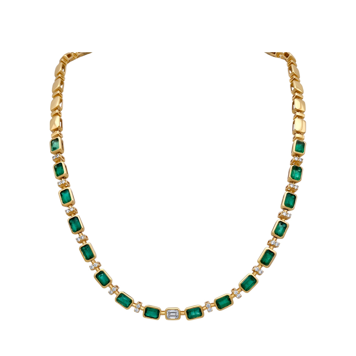 Emerald and Diamond Lariat Necklace in 18K Yellow Gold | JJ Jewelry Miami