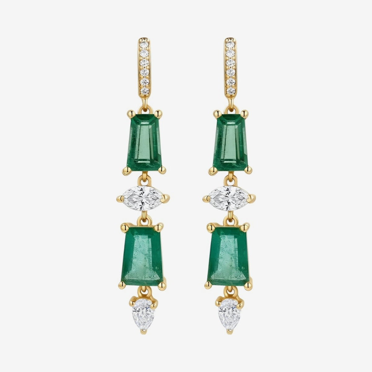 Emerald and Diamond Long Drop Earrings in 18K Yellow Gold | JJ Jewelry Miami