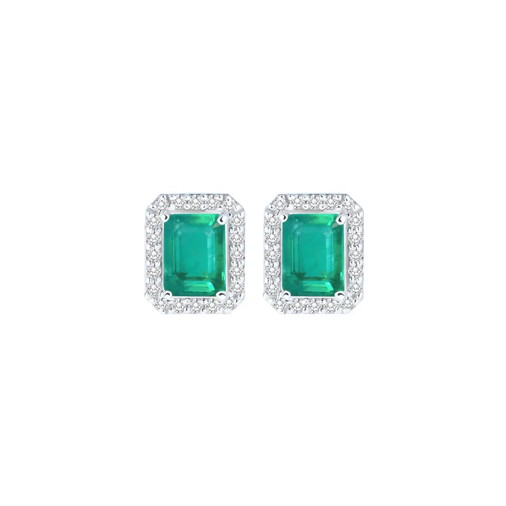Gemstone halo stud earrings with diamonds in 18K gold by JJ Jewelry