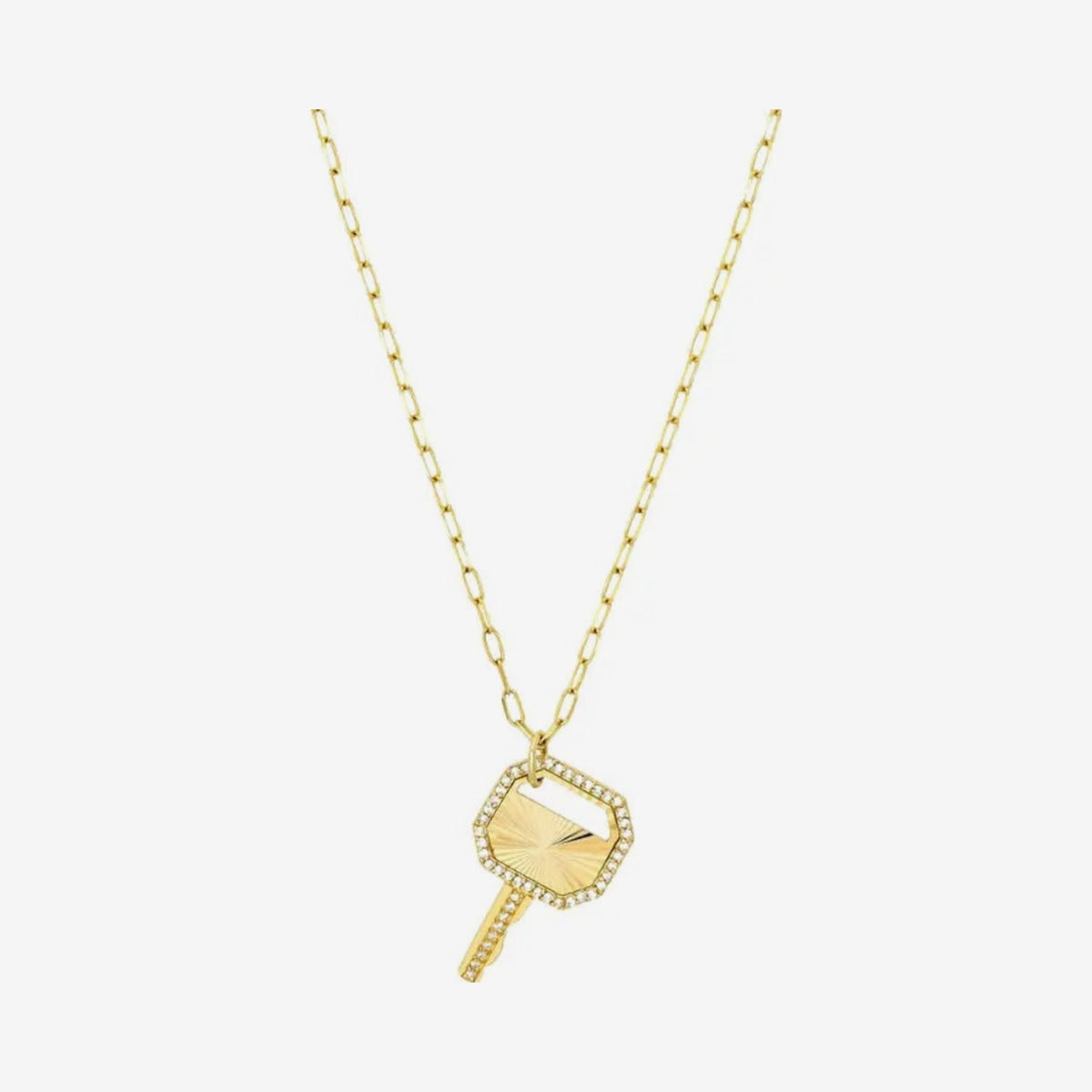 Golden Radiance Diamond Key Pendant Necklace in 18K Yellow Gold, gray background | JJ Jewelry Miami