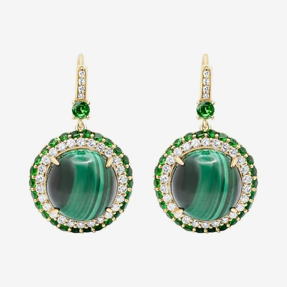 Malachite and Diamond Drop Earrings in 14K Yellow Gold, gray background | JJ Jewelry Miami