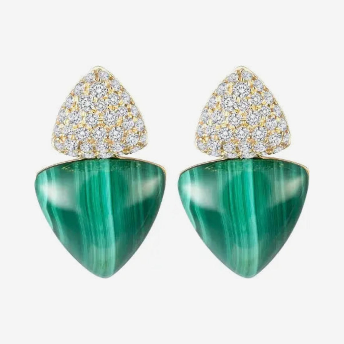 Malachite and Diamond Shield Earrings in 14K Yellow Gold, gray background | JJ Jewelry Miami