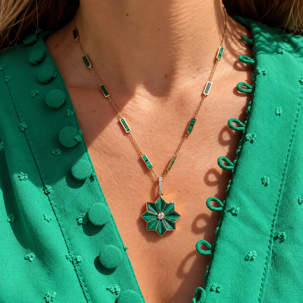 Malachite Flower Pendant with Diamond in 18K Yellow Gold, worn on a malachite station chain | JJ Jewelry Miami