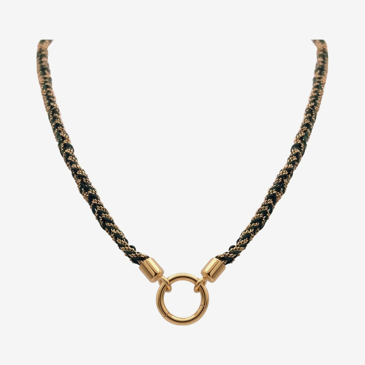 Morocco Silk Necklace with 14K Gold Connector, Green, gray background | JJ Jewelry Miami