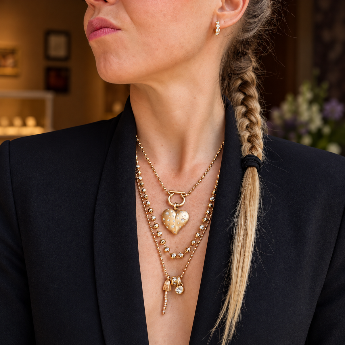 Mycena Flush Pendant in 18K Yellow Gold by Alessa Rocks, layered with gold necklaces | JJ Jewelry Miami