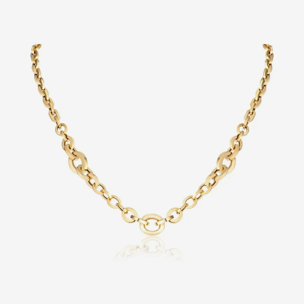 Oversized Oval Link Chain Necklace in 14K Yellow Gold, gray background | JJ Jewelry Miami