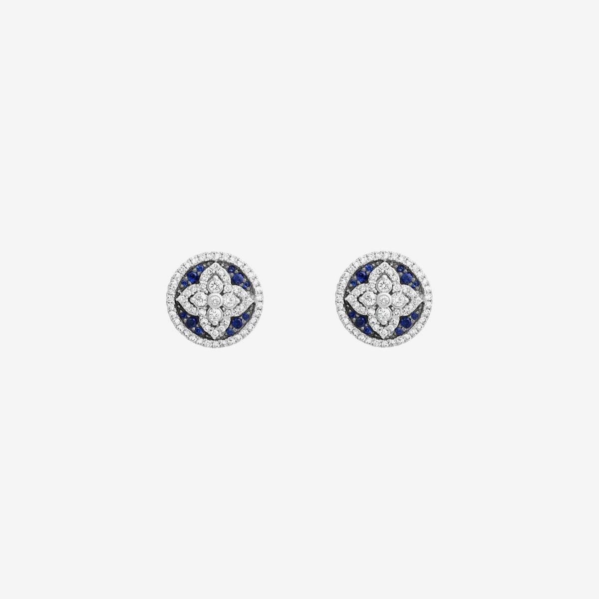 Pavé Blue Sapphire and Diamond Floral Stud Earrings in 14K White Gold, view 2, gray background | JJ Jewelry Miami