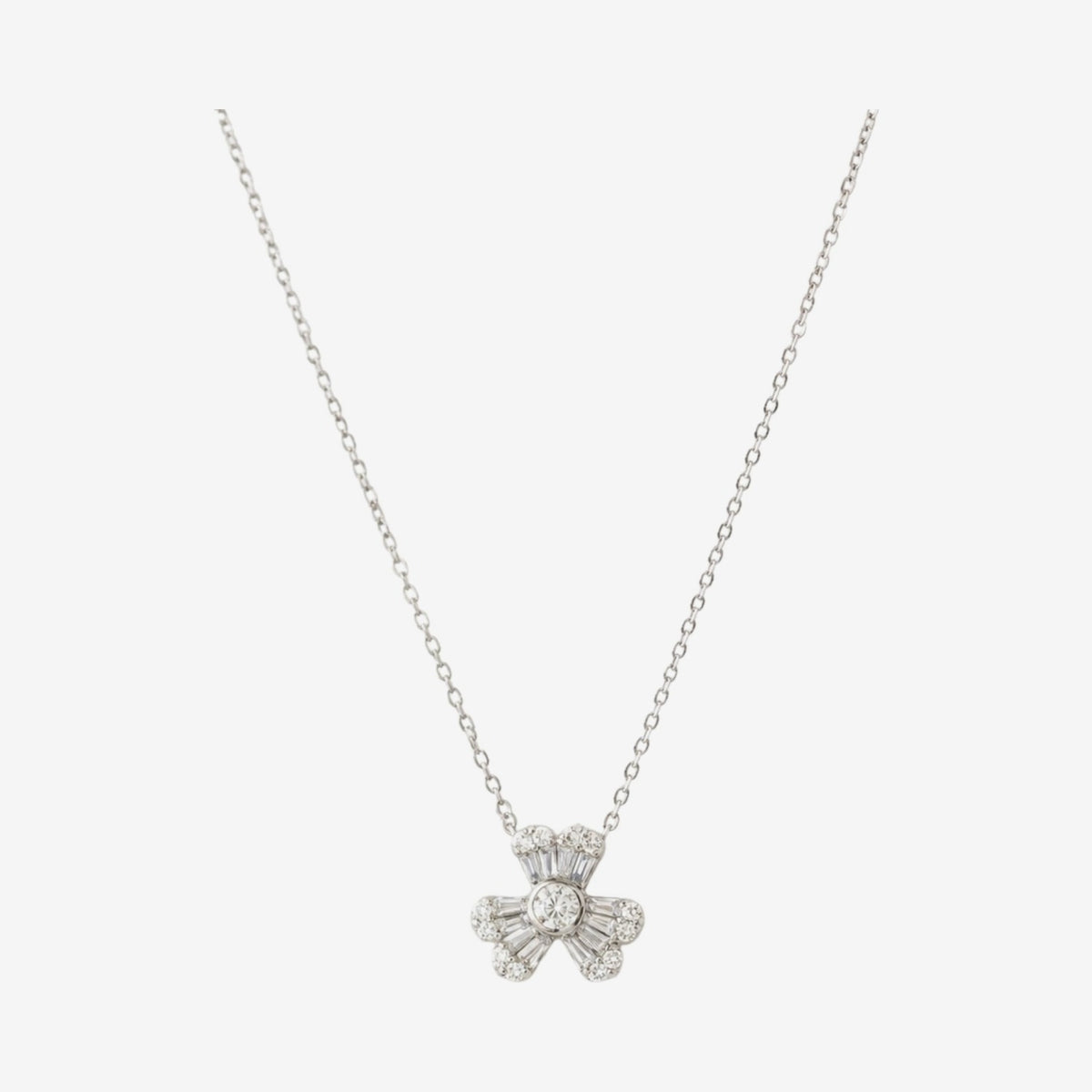 Pavé Diamond Clover Pendant Necklace in 18K White Gold, gray background | JJ Jewelry Miami