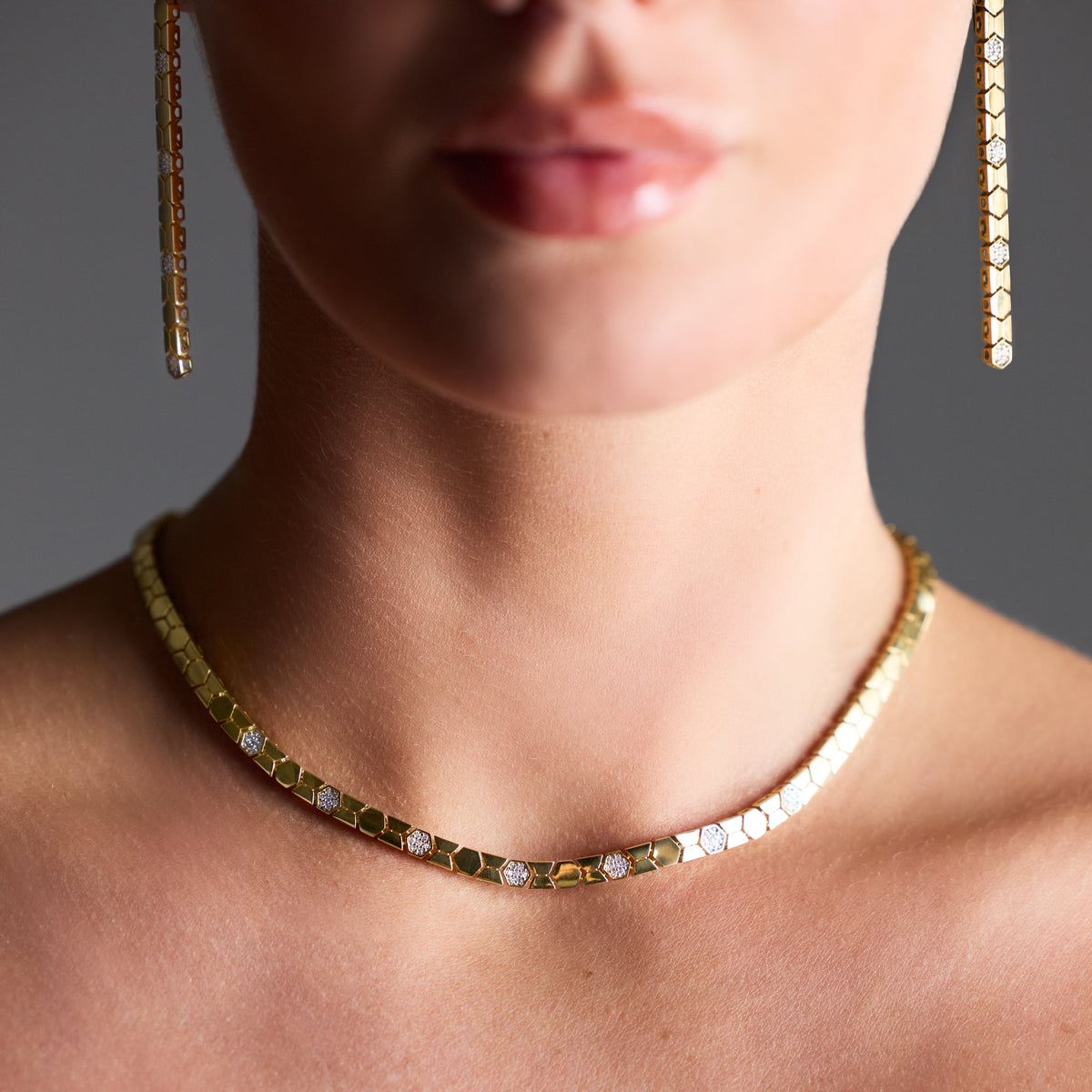 Pavé Diamond Honeycomb Link Necklace in 18K Yellow Gold, on model | JJ Jewelry Miami