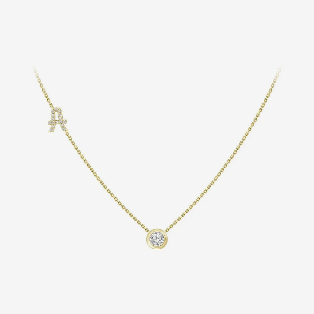 Pavé Diamond Initial Necklace, Letter A, in 18K Yellow Gold, gray background | JJ Jewelry Miami