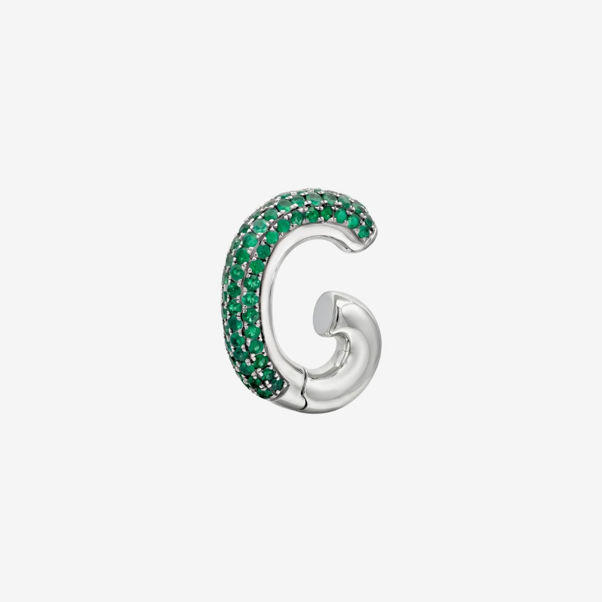 Pavé Emerald Ear Cuff in 18K White Gold, gray background | JJ Jewelry Miami