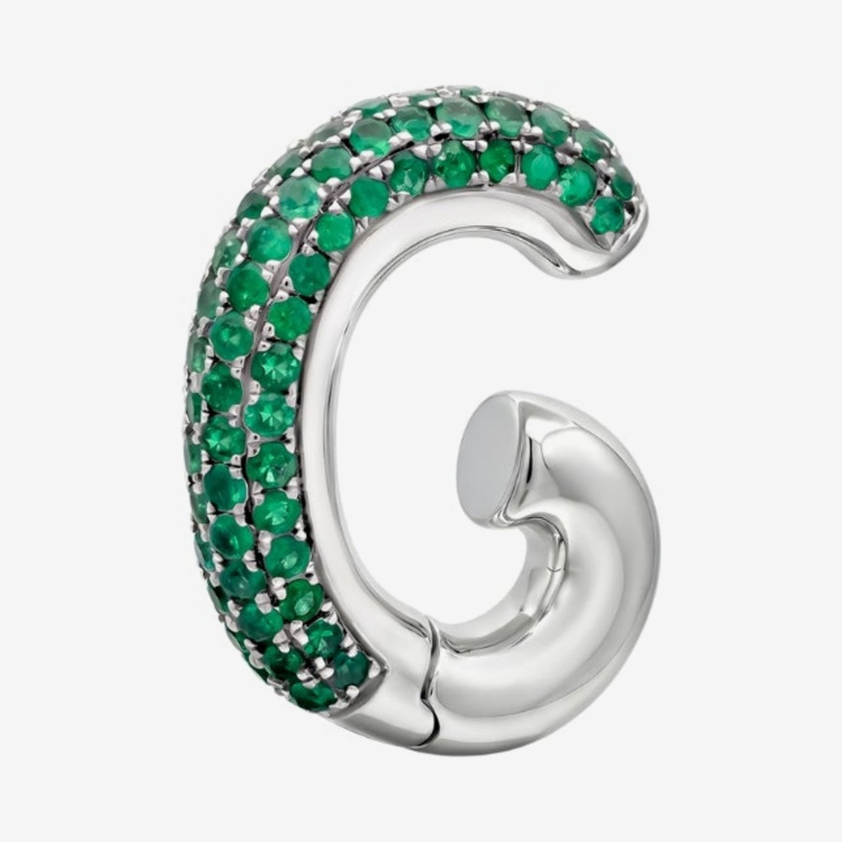 Pavé Emerald Ear Cuff in 18K White Gold, gray background | JJ Jewelry Miami
