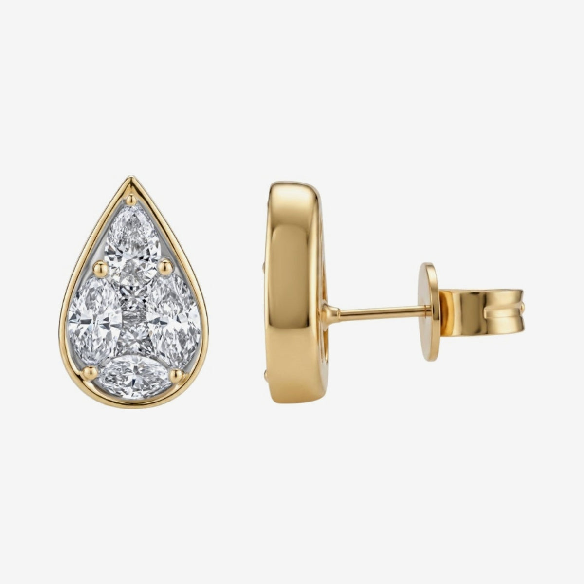 Pear Mosaic Diamond Bezel Stud Earrings in 18K Yellow Gold | JJ Jewelry Miami