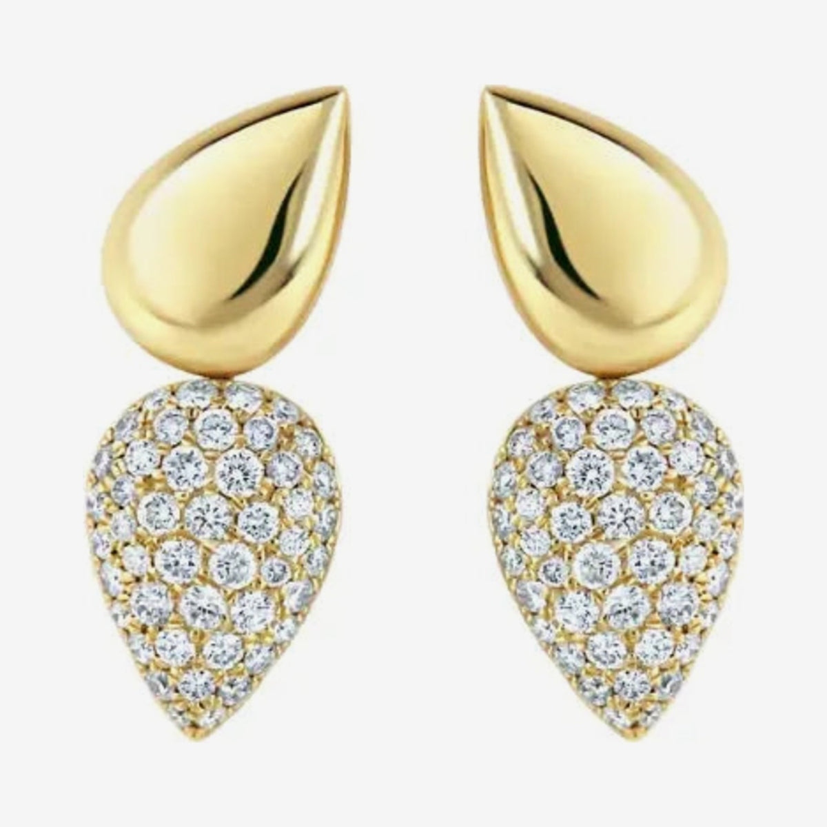 Pear Pavé Diamond Drop Earrings in 14K Yellow Gold, gray background | JJ Jewelry Miami