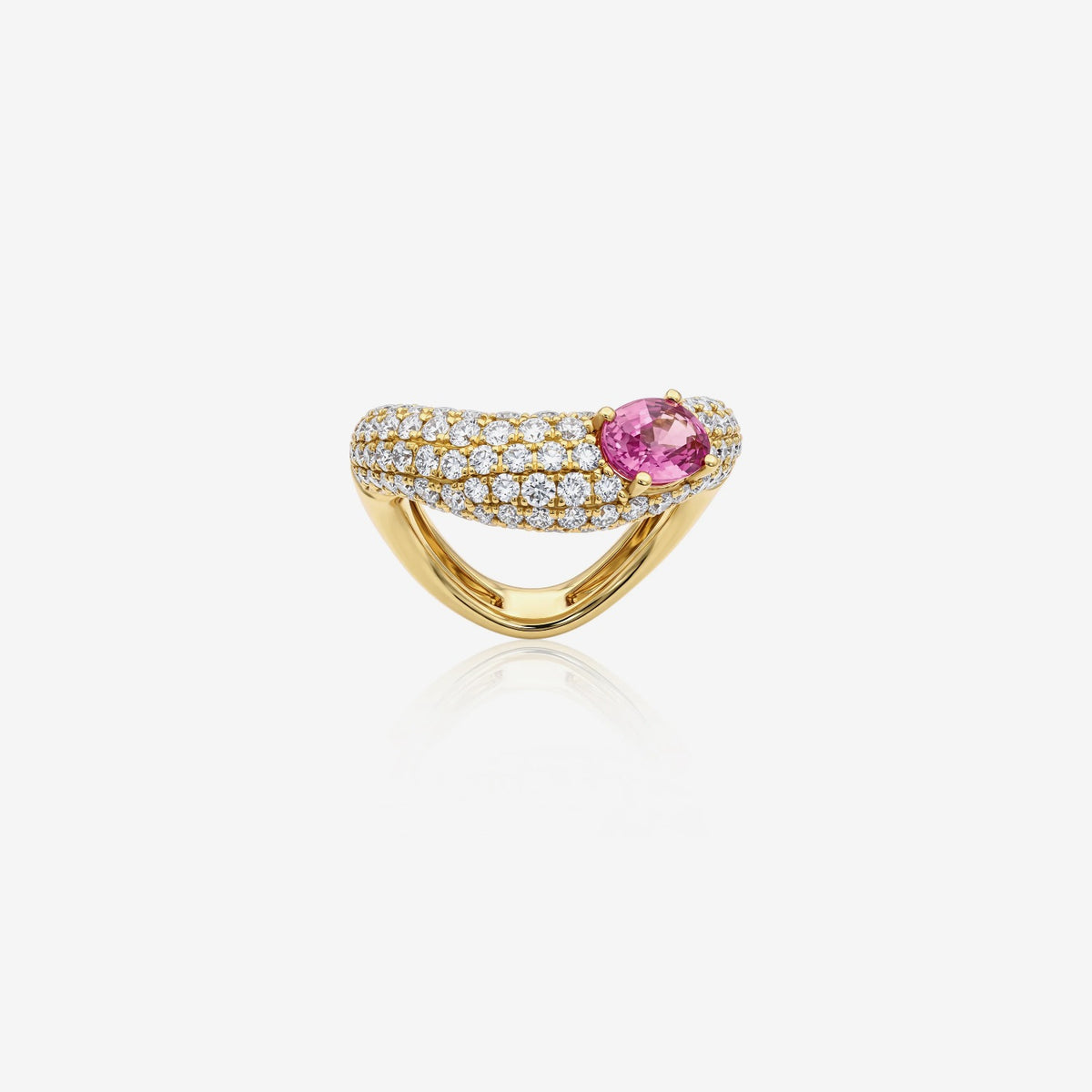 Pink Sapphire & Pavé Diamond Wave Ring in 18K Yellow Gold | JJ Jewelry Miami